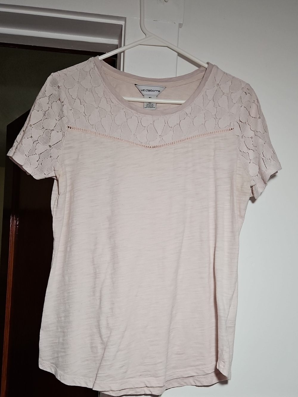 Liz Claiborne Light Pink Short Sleeve Floral Lace Flowers Blouse Top Size MT EUC